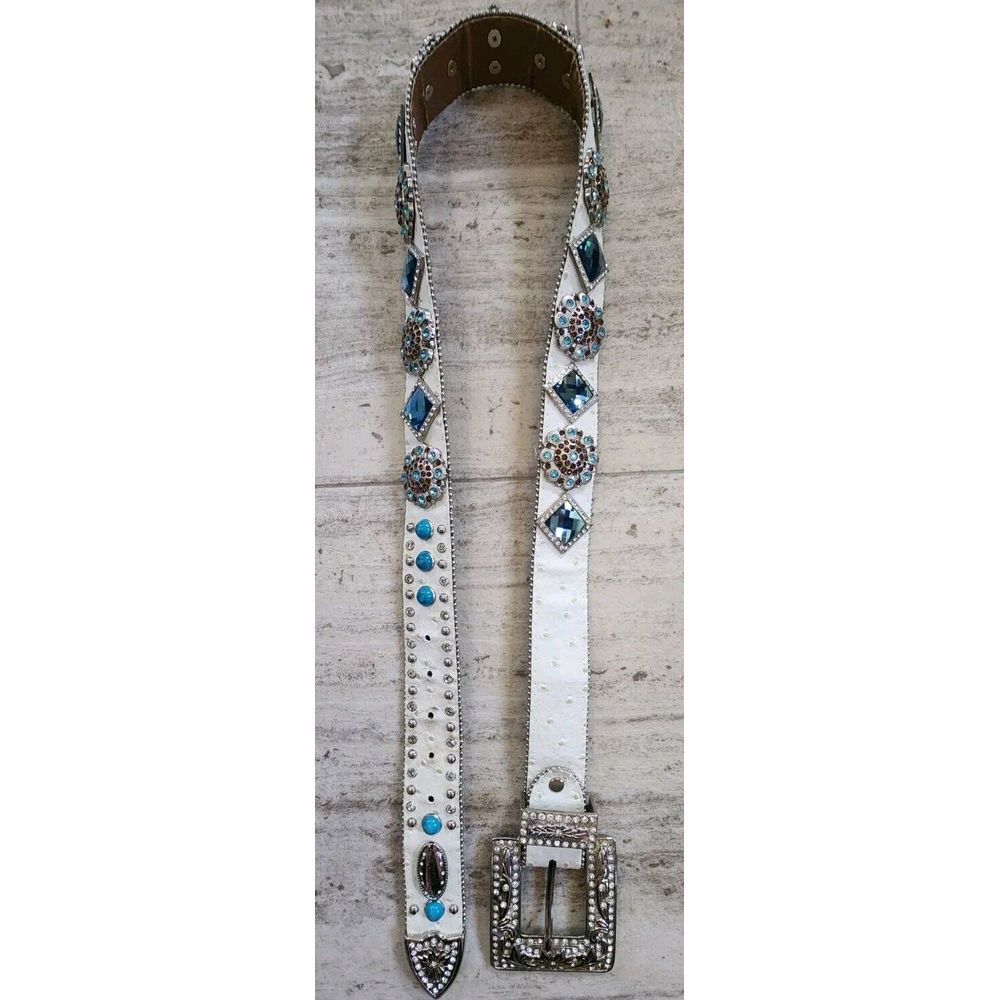 Atlas Womans Rhinestone White Belt Western Cowboy Leather‎ Sz 36 Studded NWT - Picture 7 of 9